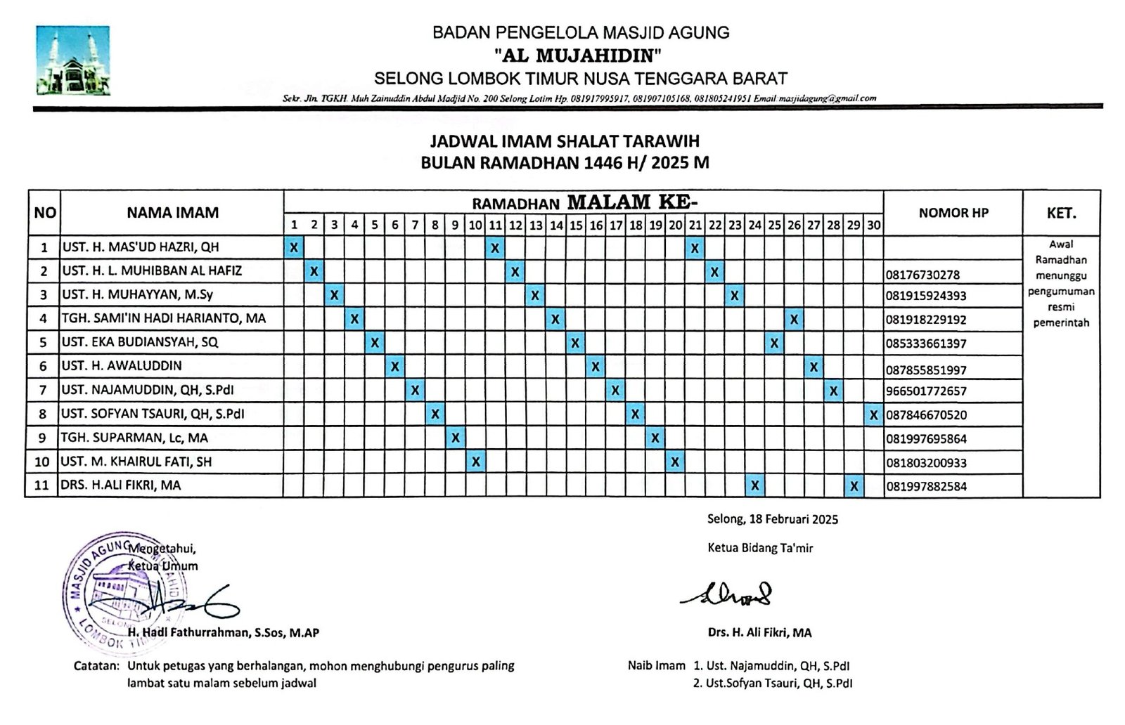 Jadwal Imam Tarawih